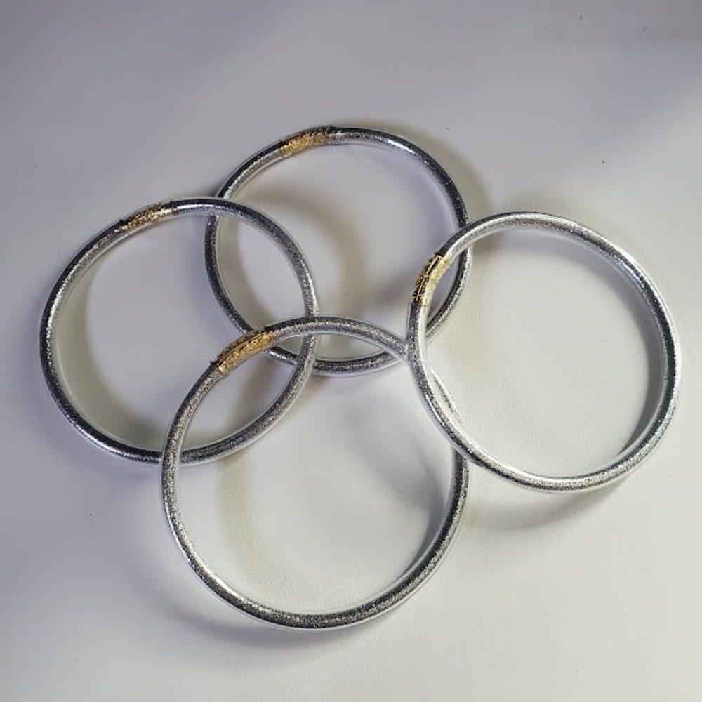 BudhaGirl Serenity All Weather Bangles bracelets Silver Set of 4 Size Large 8in